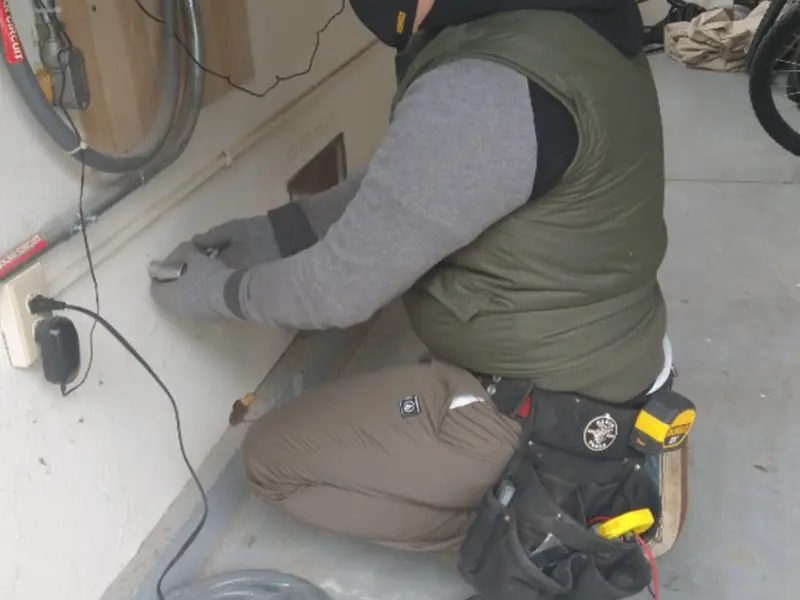 Electrician performing outlet wiring in a Hull garage
